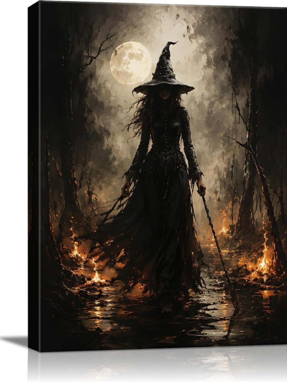 Spooky Halloween Canvas Art - Dark Witch in Enchanted Moonlit Forest Decor